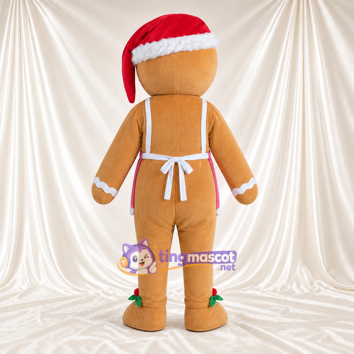 Costume de mascotte Bonhomme en pain d’épices – marron – Bonnet de Noël; Tablier (rose)