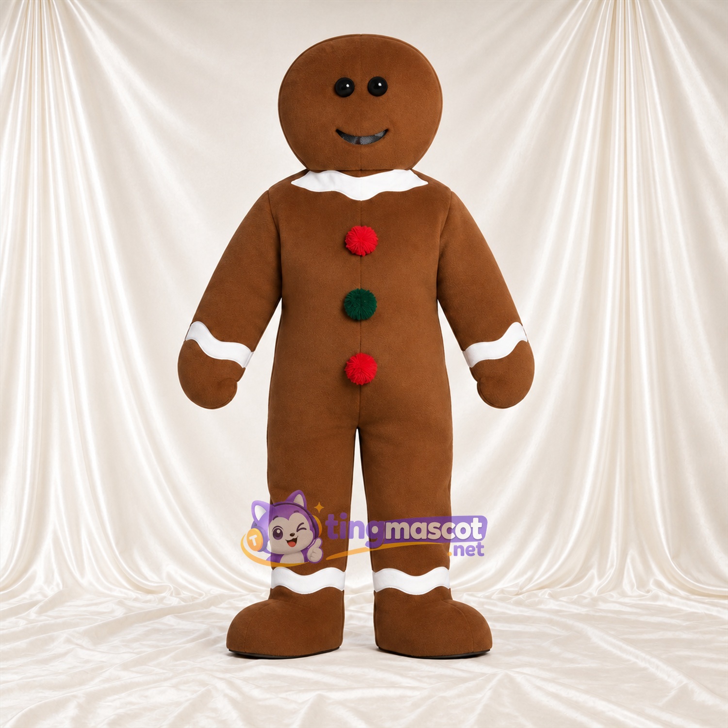 Costume de mascotte Bonhomme en pain d’épices – marron – Boutons (rouge / vert); Décor de glaçage (blanc) Costume de mascotte Bonhomme en pain d’épices – marron – Boutons (rouge / vert); Décor de glaçage (blanc)
