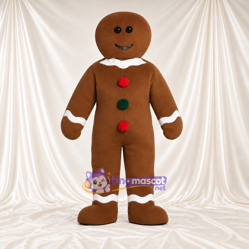 Maskottchenkostüm Lebkuchenmann – braun – Knöpfe (rot / grün); Zuckerguss-Dekor (weiß) Maskottchenkostüm Lebkuchenmann – braun – Knöpfe (rot / grün); Zuckerguss-Dekor (weiß)