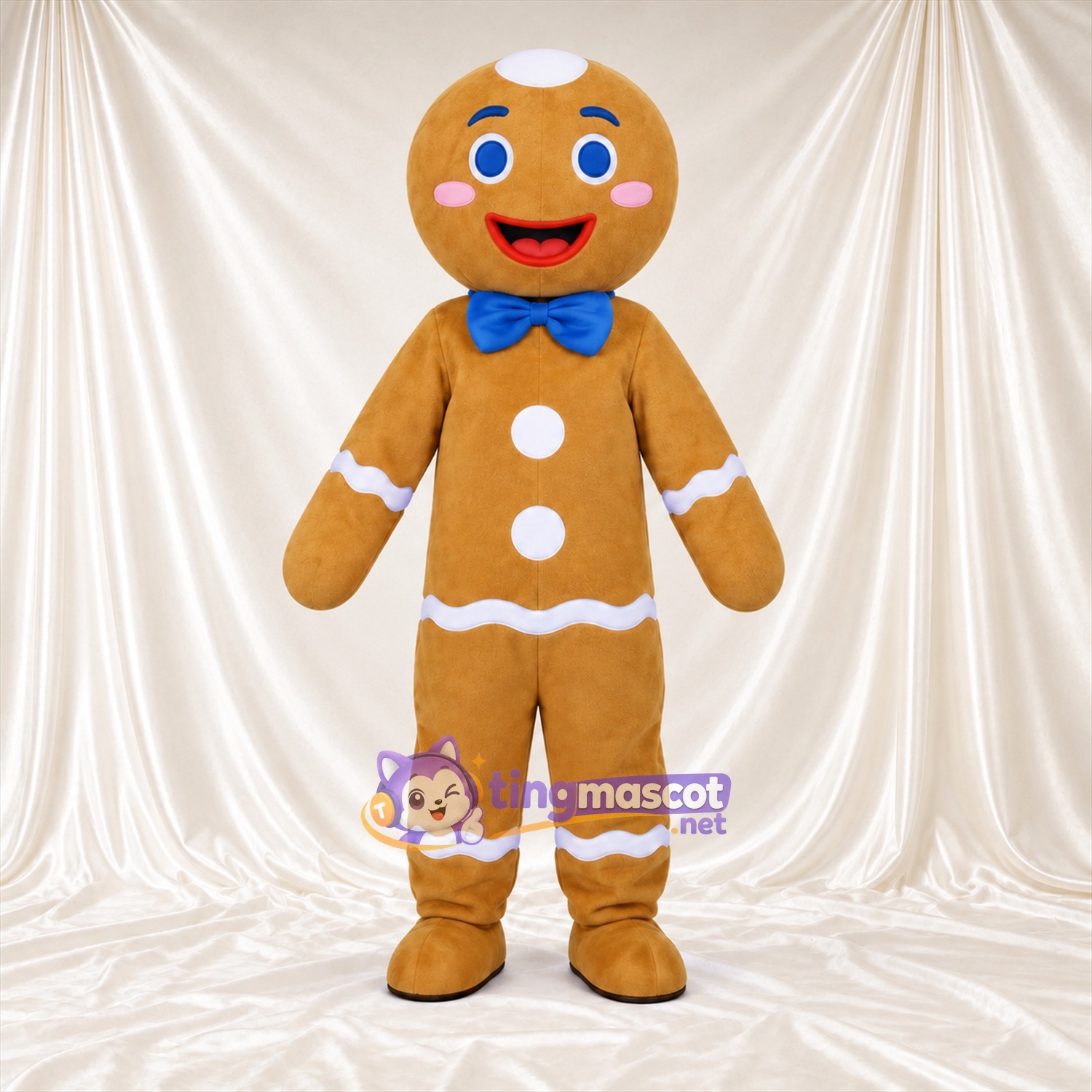 Brown Gingerbread Man Mascot Costume - Blue Bow Tie, Blue Eyes and White Buttons Brown Gingerbread Man Mascot Costume - Blue Bow Tie, Blue Eyes and White Buttons