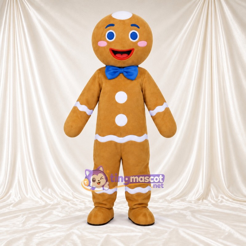 Brown Gingerbread Man Mascot Costume - Blue Bow Tie, Blue Eyes and White Buttons Brown Gingerbread Man Mascot Costume - Blue Bow Tie, Blue Eyes and White Buttons