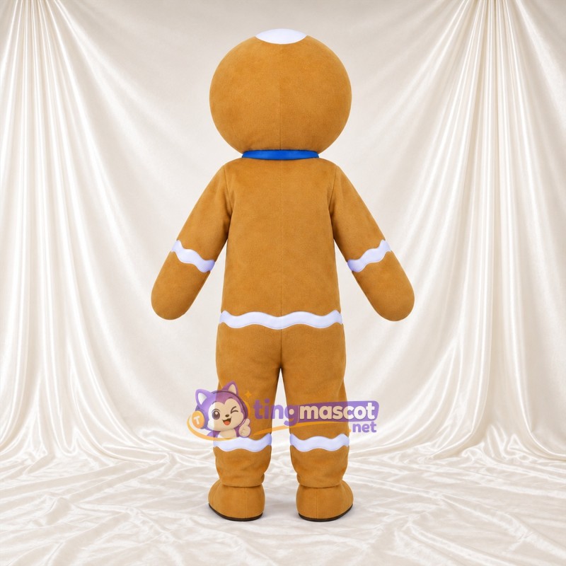 Brown Gingerbread Man Mascot Costume - Blue Bow Tie, Blue Eyes and White Buttons Brown Gingerbread Man Mascot Costume - Blue Bow Tie, Blue Eyes and White Buttons