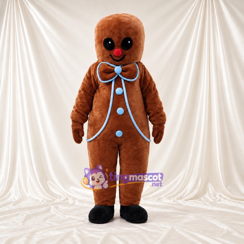 Brown Gingerbread Man Mascot Costume - Blue Bow Tie and Buttons Brown Gingerbread Man Mascot Costume - Blue Bow Tie and Buttons