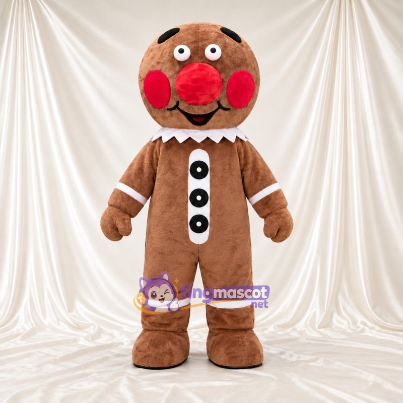 Costume de mascotte Bonhomme en pain d’épices – marron – Nez (rouge); Boutons (noir) Costume de mascotte Bonhomme en pain d’épices – marron – Nez (rouge); Boutons (noir)