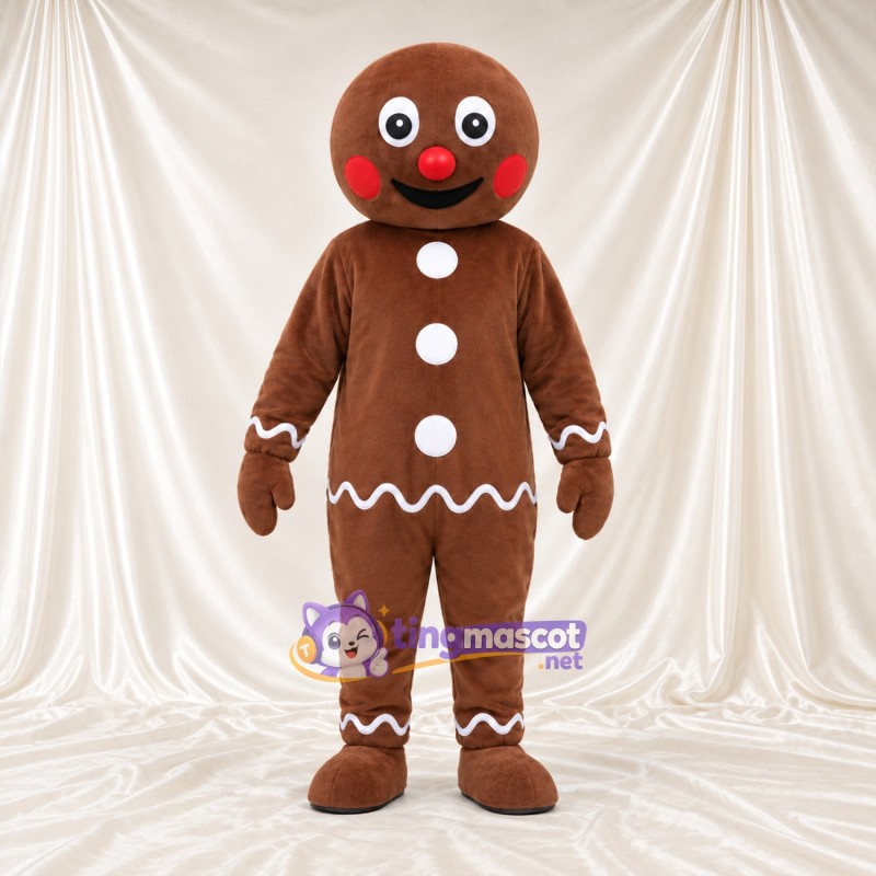 Brown Gingerbread Man Mascot Costume - Red Cheeks and White Buttons Brown Gingerbread Man Mascot Costume - Red Cheeks and White Buttons