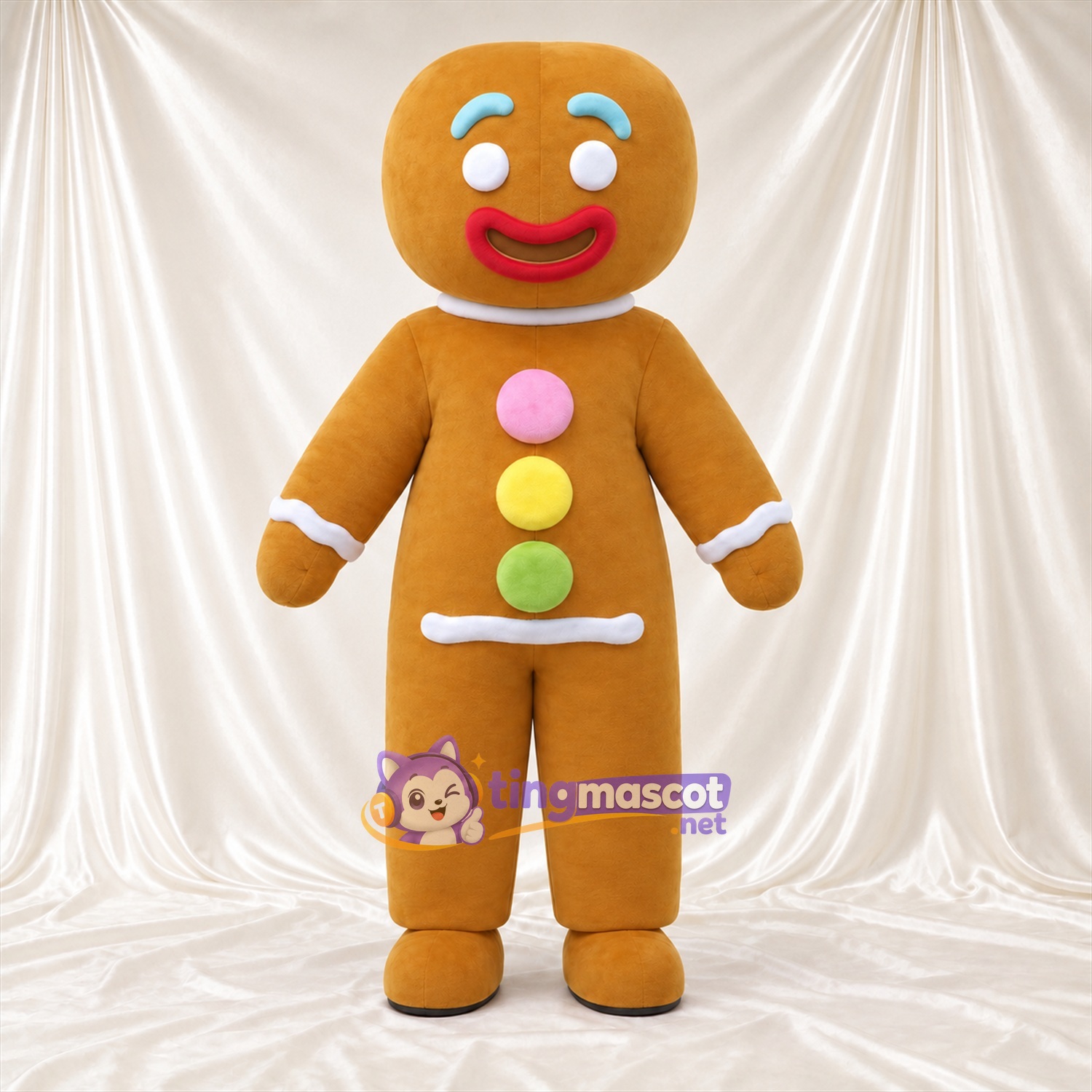 Brown Gingerbread Man Mascot Costume - Pastel Buttons and White Icing Trim Brown Gingerbread Man Mascot Costume - Pastel Buttons and White Icing Trim