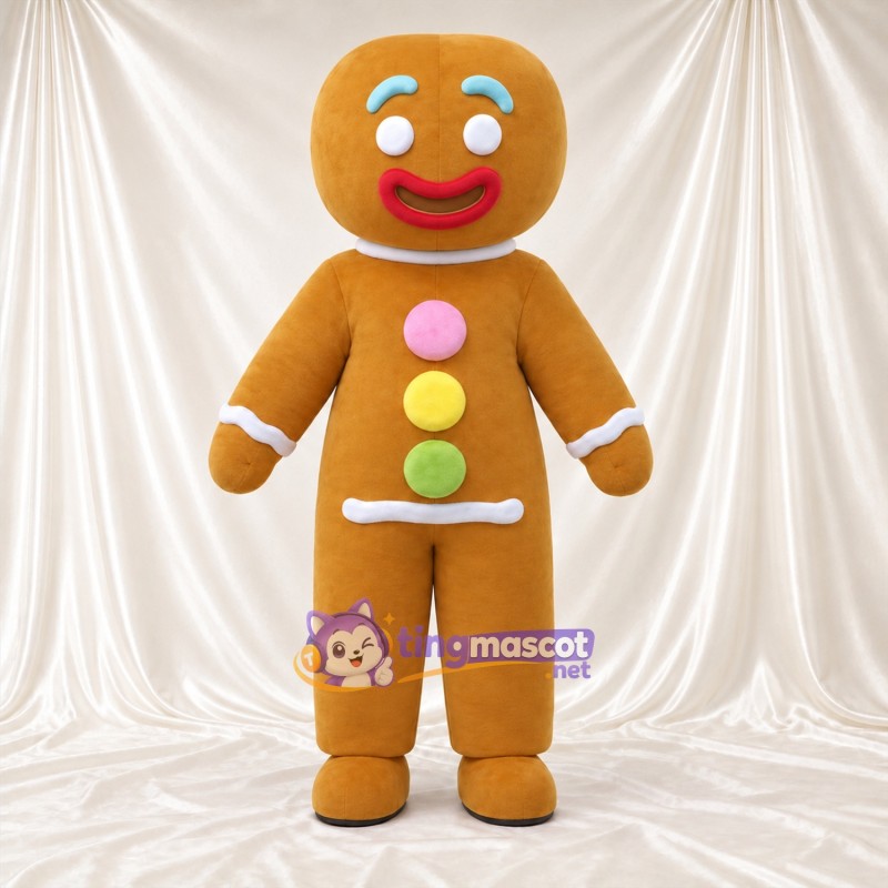 Brown Gingerbread Man Mascot Costume - Pastel Buttons and White Icing Trim Brown Gingerbread Man Mascot Costume - Pastel Buttons and White Icing Trim