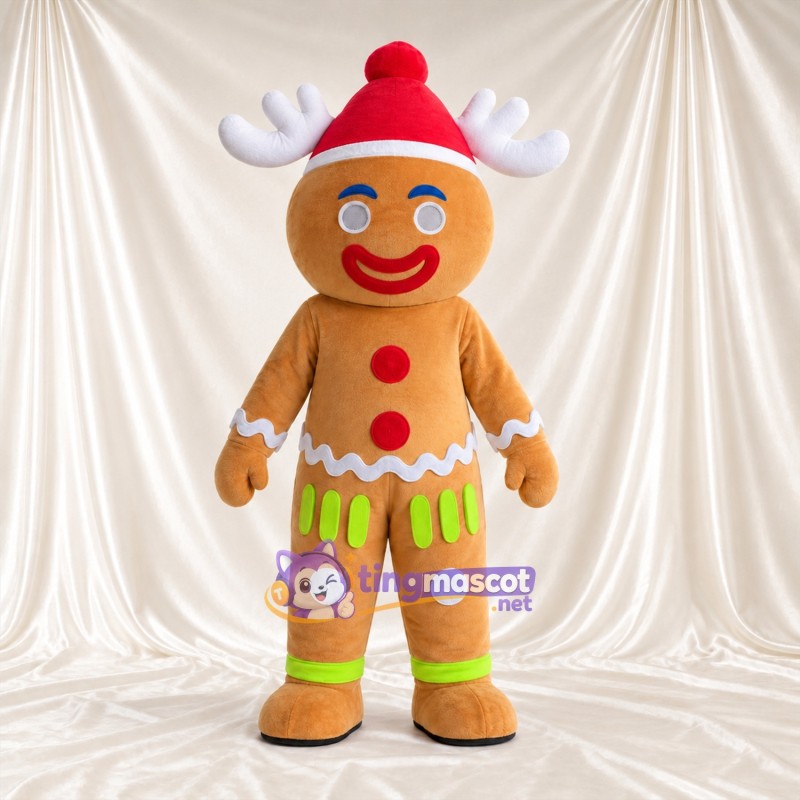 Costume de mascotte Bonhomme en pain d’épices – marron – Chapeau (rouge); Bois Costume de mascotte Bonhomme en pain d’épices – marron – Chapeau (rouge); Bois