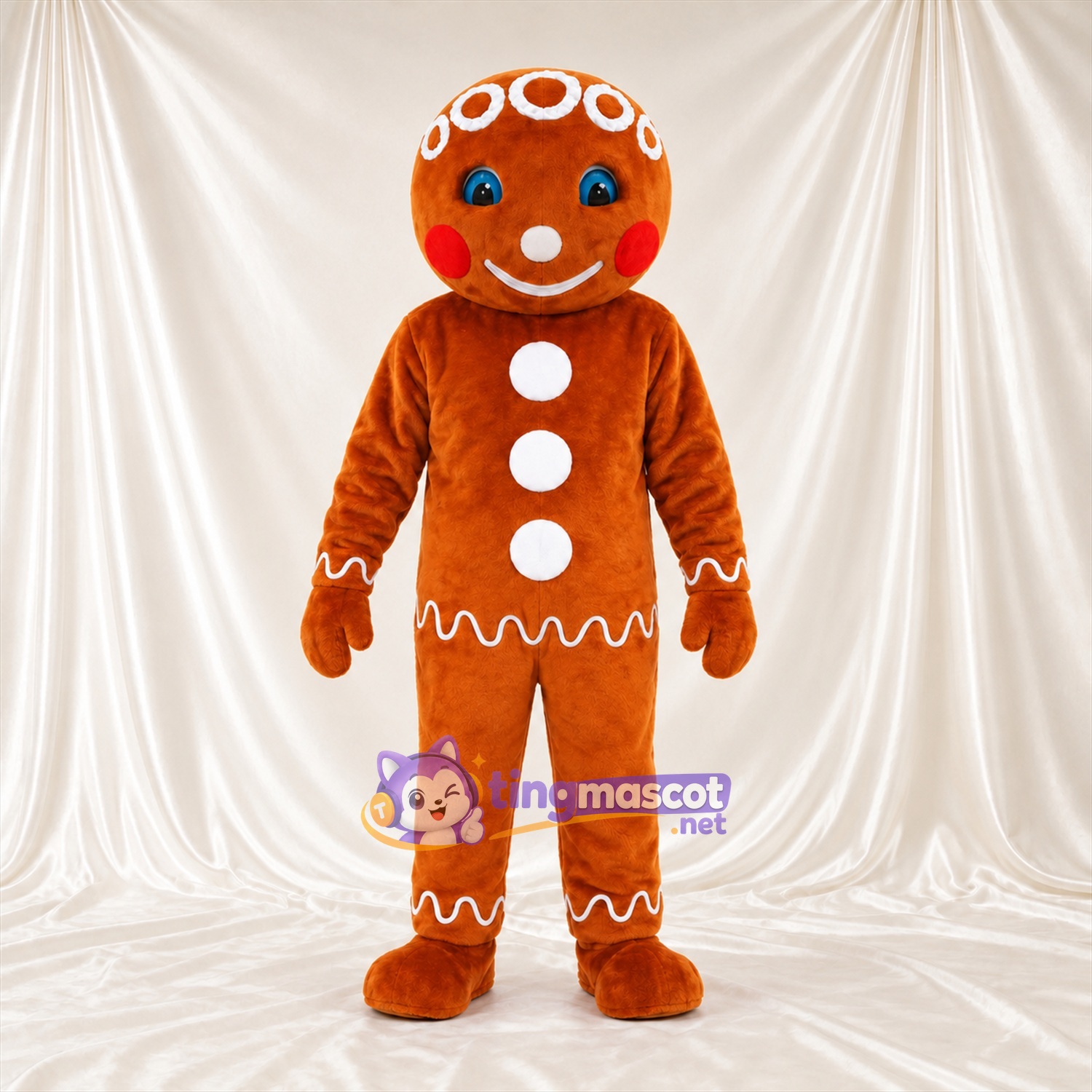 Brown Gingerbread Man Mascot Costume - Red Cheeks and White Buttons Brown Gingerbread Man Mascot Costume - Red Cheeks and White Buttons