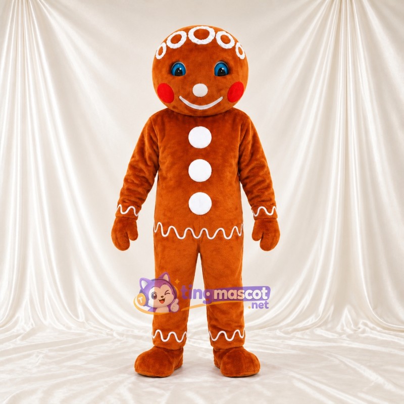 Brown Gingerbread Man Mascot Costume - Red Cheeks and White Buttons Brown Gingerbread Man Mascot Costume - Red Cheeks and White Buttons