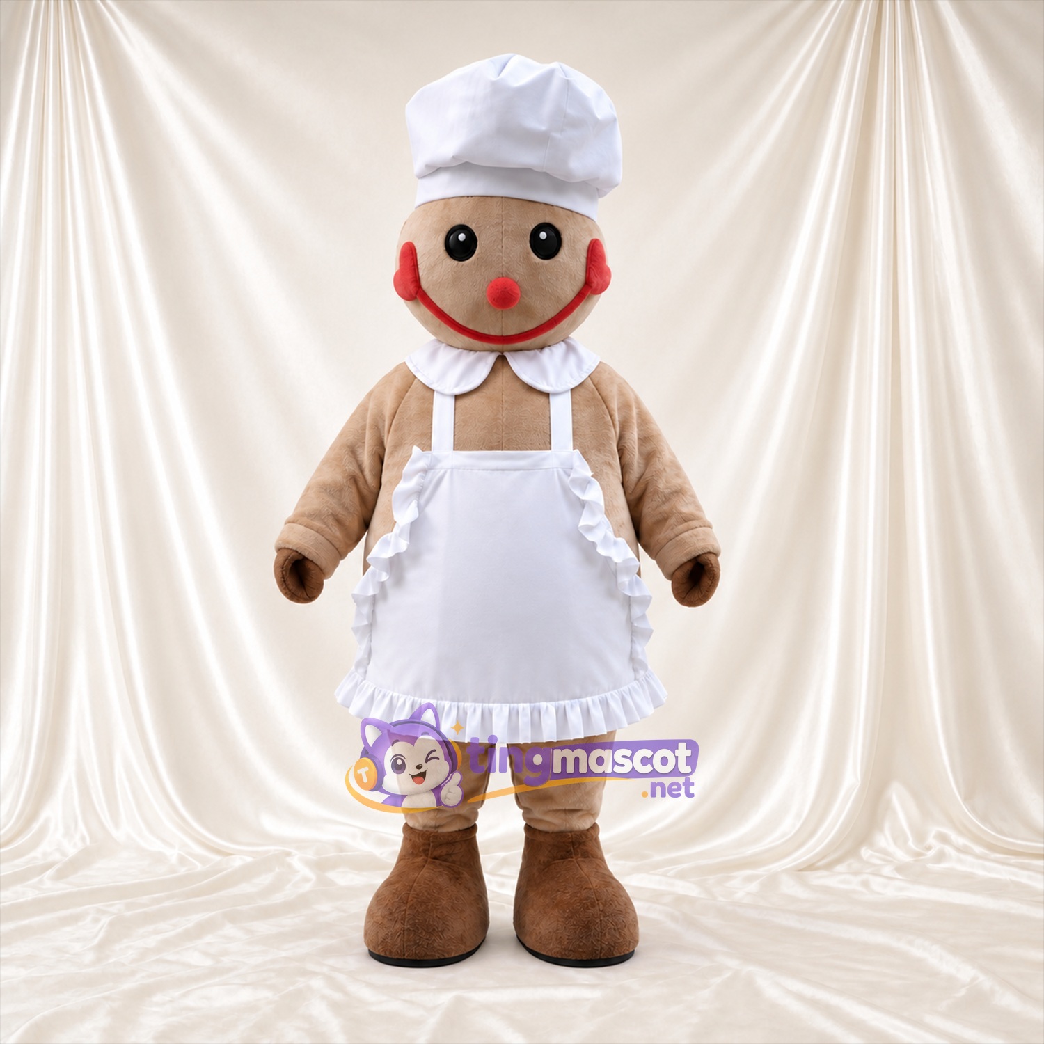 Maskottchenkostüm Lebkuchenmann – braun – Kochmütze (weiß); Schürze Maskottchenkostüm Lebkuchenmann – braun – Kochmütze (weiß); Schürze