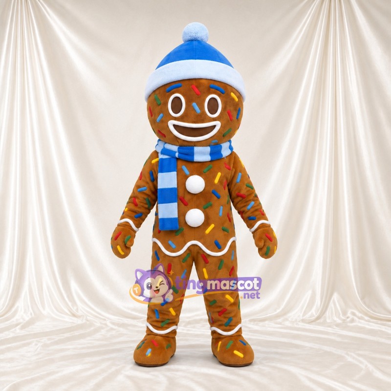 Brown Gingerbread Man Mascot Costume - Blue Winter Hat and Scarf Brown Gingerbread Man Mascot Costume - Blue Winter Hat and Scarf