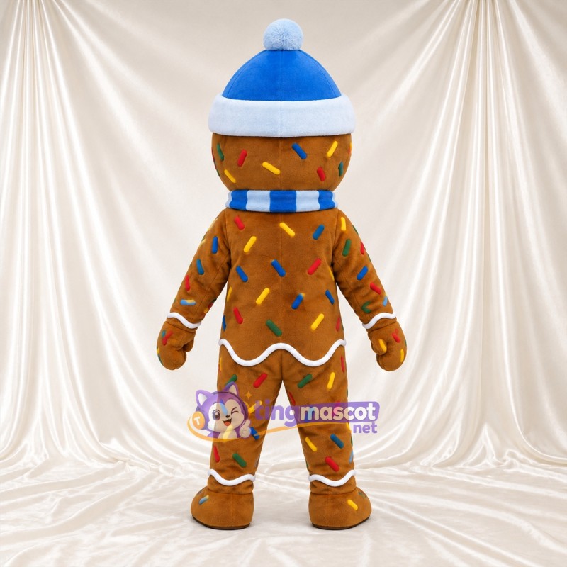 Brown Gingerbread Man Mascot Costume - Blue Winter Hat and Scarf Brown Gingerbread Man Mascot Costume - Blue Winter Hat and Scarf