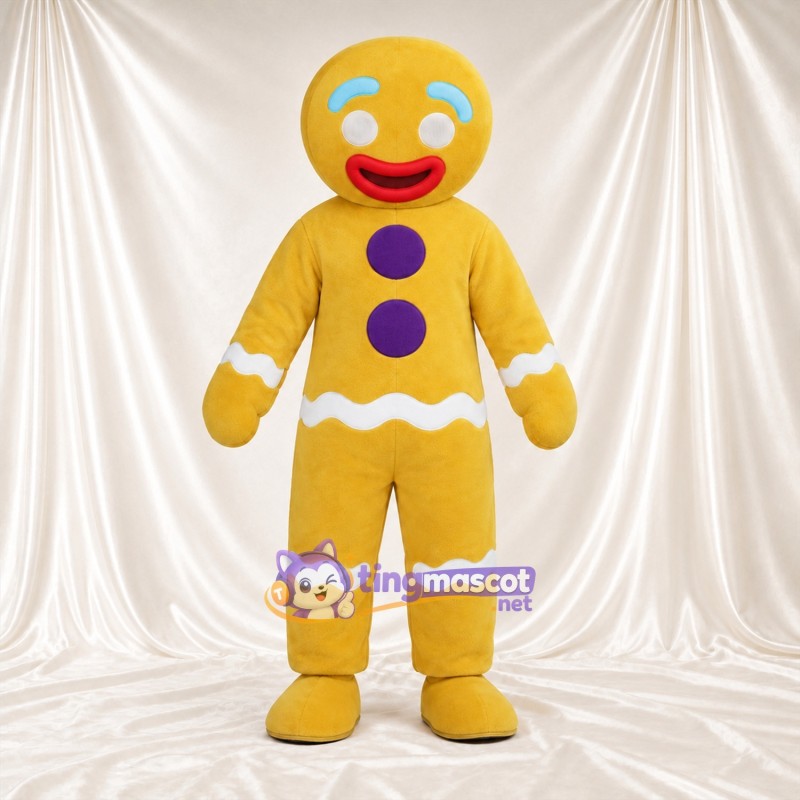 Costume de mascotte Bonhomme en pain d’épices – jaune – Boutons (violet) Costume de mascotte Bonhomme en pain d’épices – jaune – Boutons (violet)