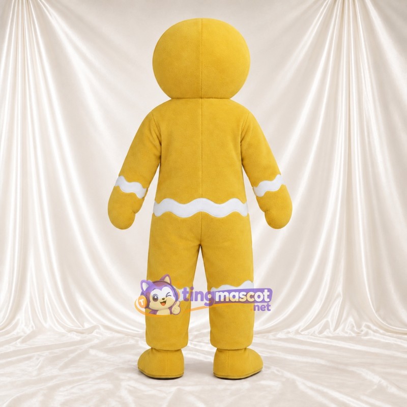 Costume de mascotte Bonhomme en pain d’épices – jaune – Boutons (violet) Costume de mascotte Bonhomme en pain d’épices – jaune – Boutons (violet)