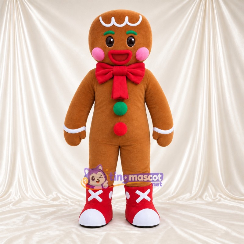 Costume de mascotte Bonhomme en pain d’épices – marron – Nœud (rouge); Bottes Costume de mascotte Bonhomme en pain d’épices – marron – Nœud (rouge); Bottes