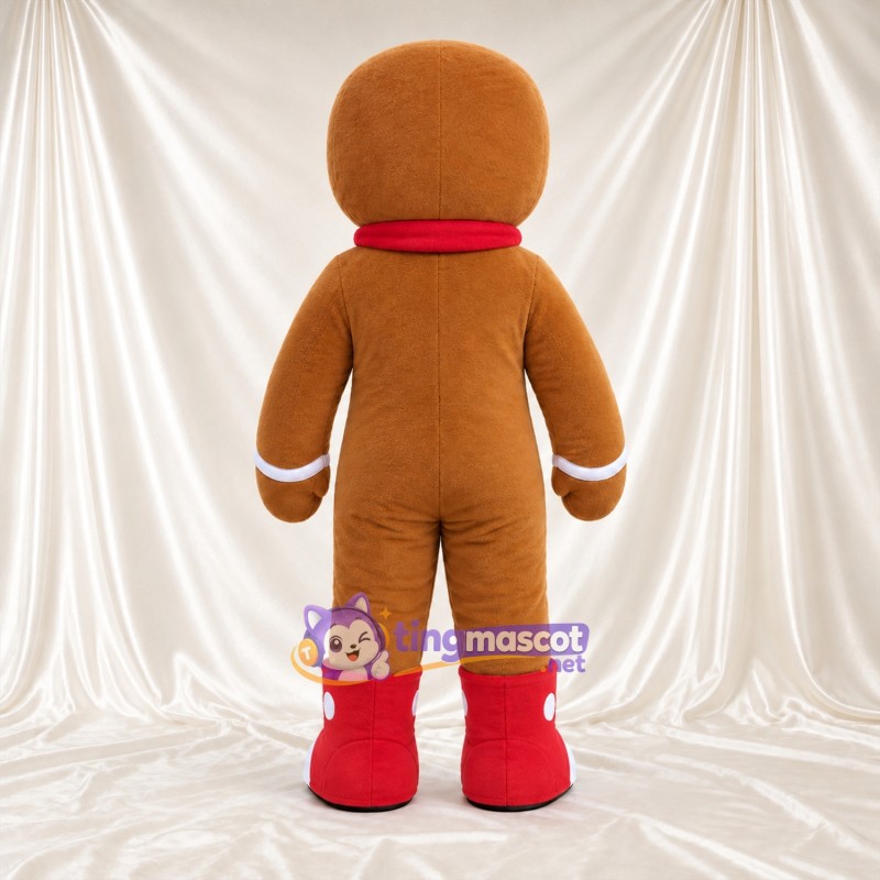 Costume de mascotte Bonhomme en pain d’épices – marron – Nœud (rouge); Bottes Costume de mascotte Bonhomme en pain d’épices – marron – Nœud (rouge); Bottes
