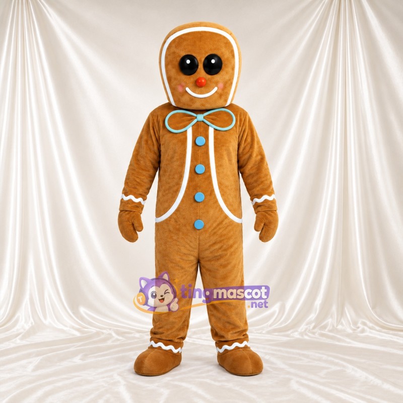Brown Gingerbread Man Mascot Costume - Blue Bow Tie, Blue Buttons and White Icing Trim Brown Gingerbread Man Mascot Costume - Blue Bow Tie, Blue Buttons and White Icing Trim