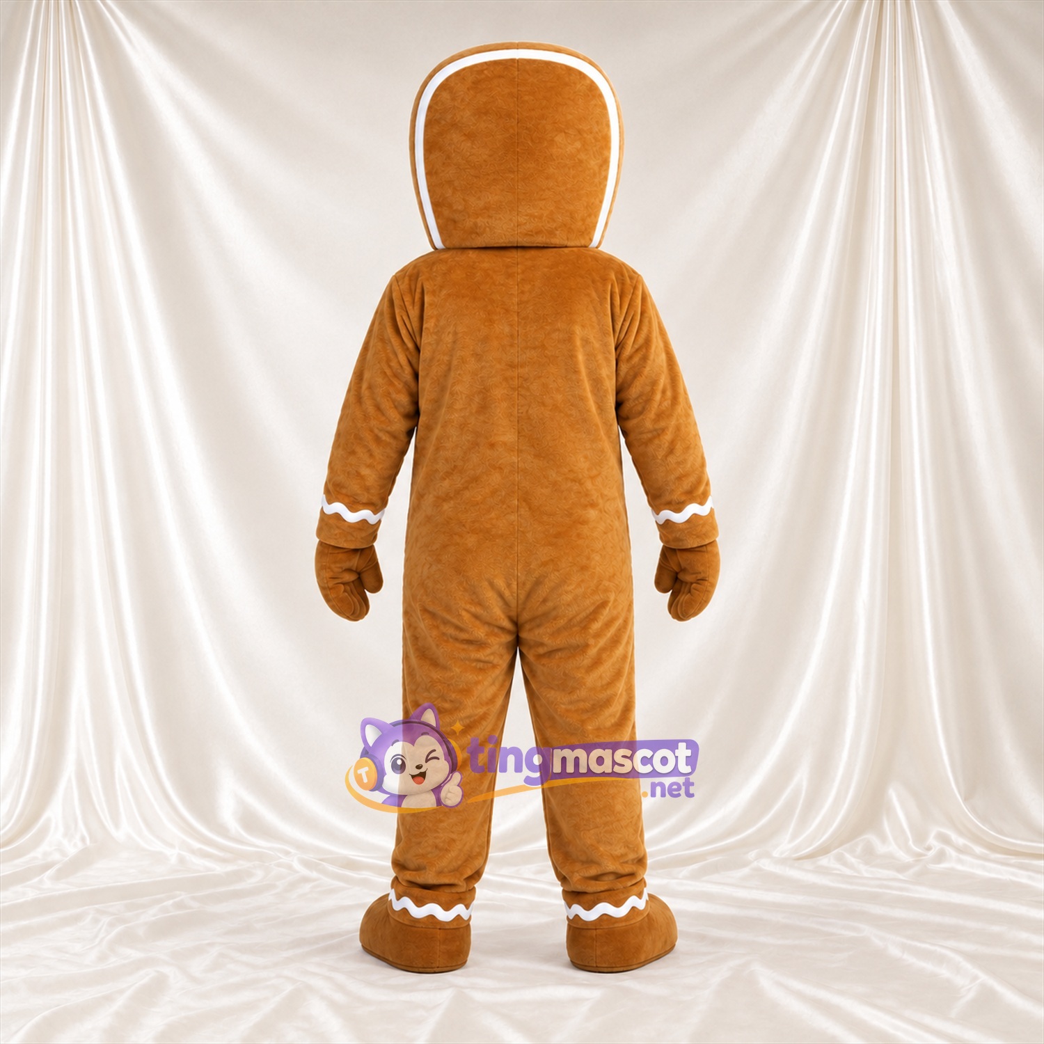 Brown Gingerbread Man Mascot Costume - Blue Bow Tie, Blue Buttons and White Icing Trim Brown Gingerbread Man Mascot Costume - Blue Bow Tie, Blue Buttons and White Icing Trim