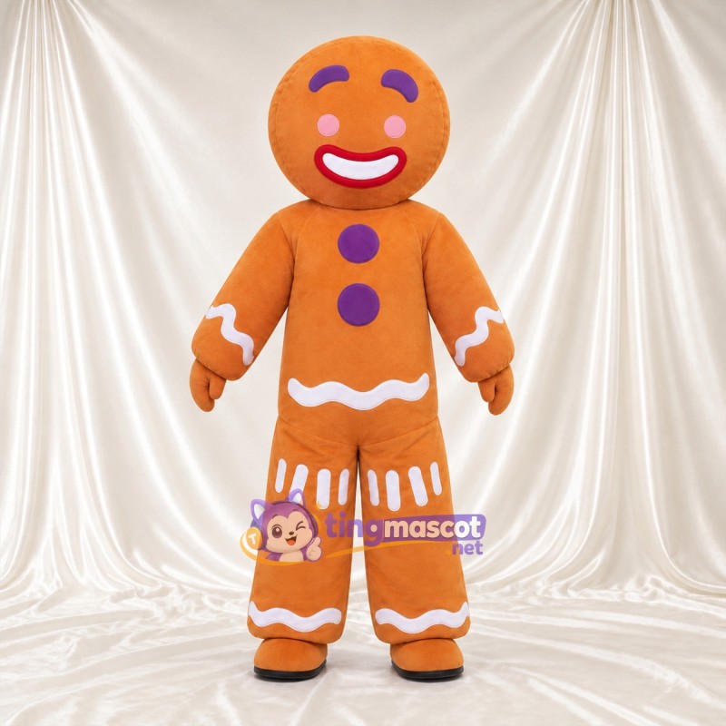 Brown Gingerbread Man Mascot Costume - Purple Buttons and White Icing Trim Brown Gingerbread Man Mascot Costume - Purple Buttons and White Icing Trim
