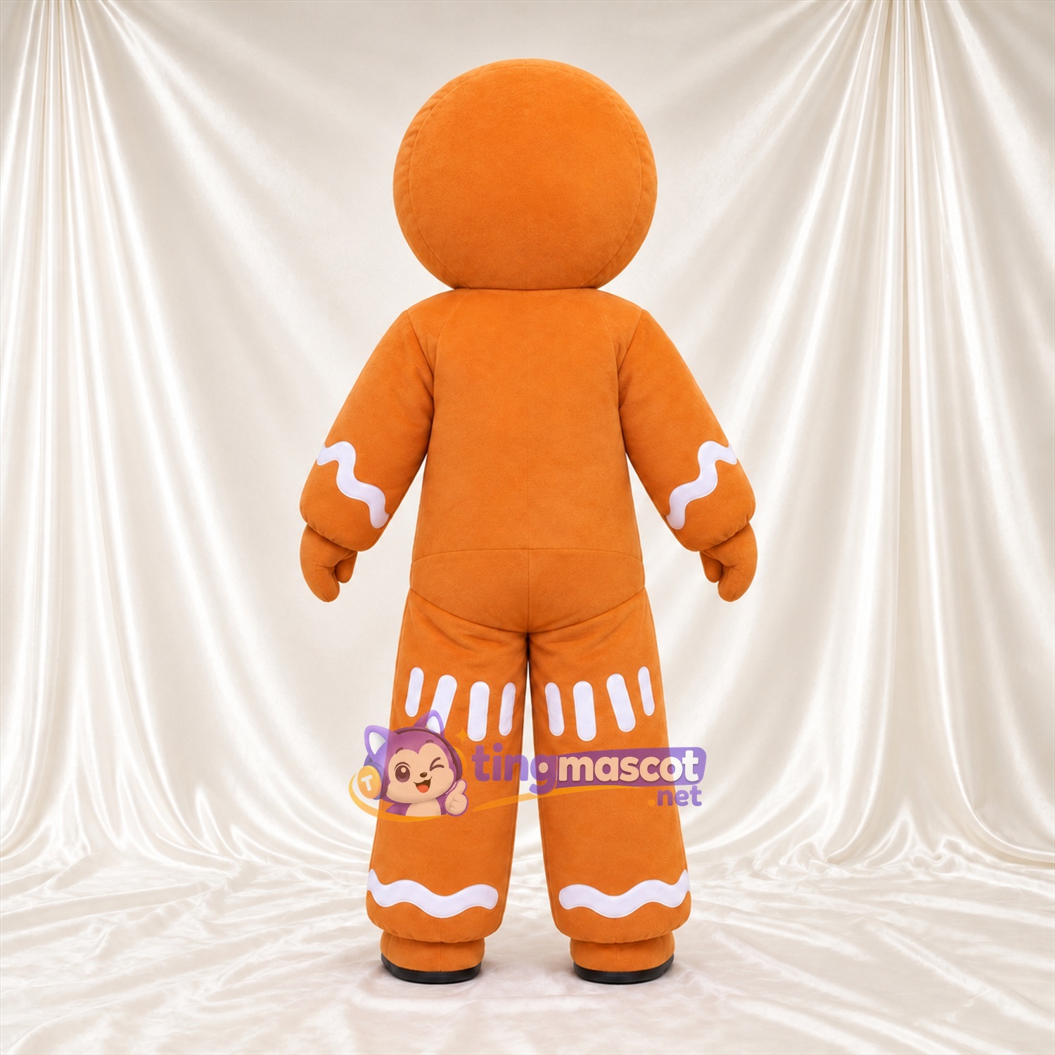 Brown Gingerbread Man Mascot Costume - Purple Buttons and White Icing Trim Brown Gingerbread Man Mascot Costume - Purple Buttons and White Icing Trim