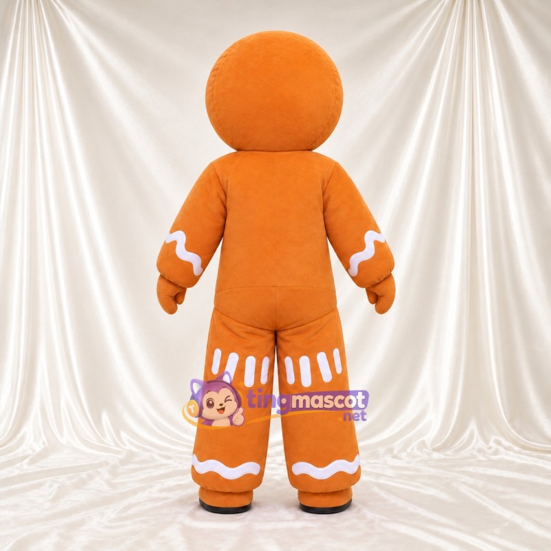 Brown Gingerbread Man Mascot Costume - Purple Buttons and White Icing Trim Brown Gingerbread Man Mascot Costume - Purple Buttons and White Icing Trim