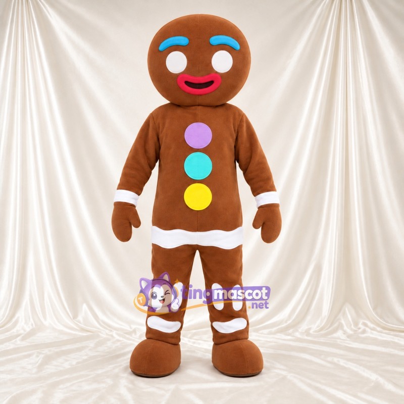 Brown Gingerbread Man Mascot Costume - Pastel Buttons and White Icing Trim Brown Gingerbread Man Mascot Costume - Pastel Buttons and White Icing Trim
