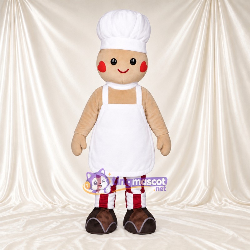Costume de mascotte Bonhomme en pain d’épices – marron – Toque de chef (blanc); Tablier Costume de mascotte Bonhomme en pain d’épices – marron – Toque de chef (blanc); Tablier