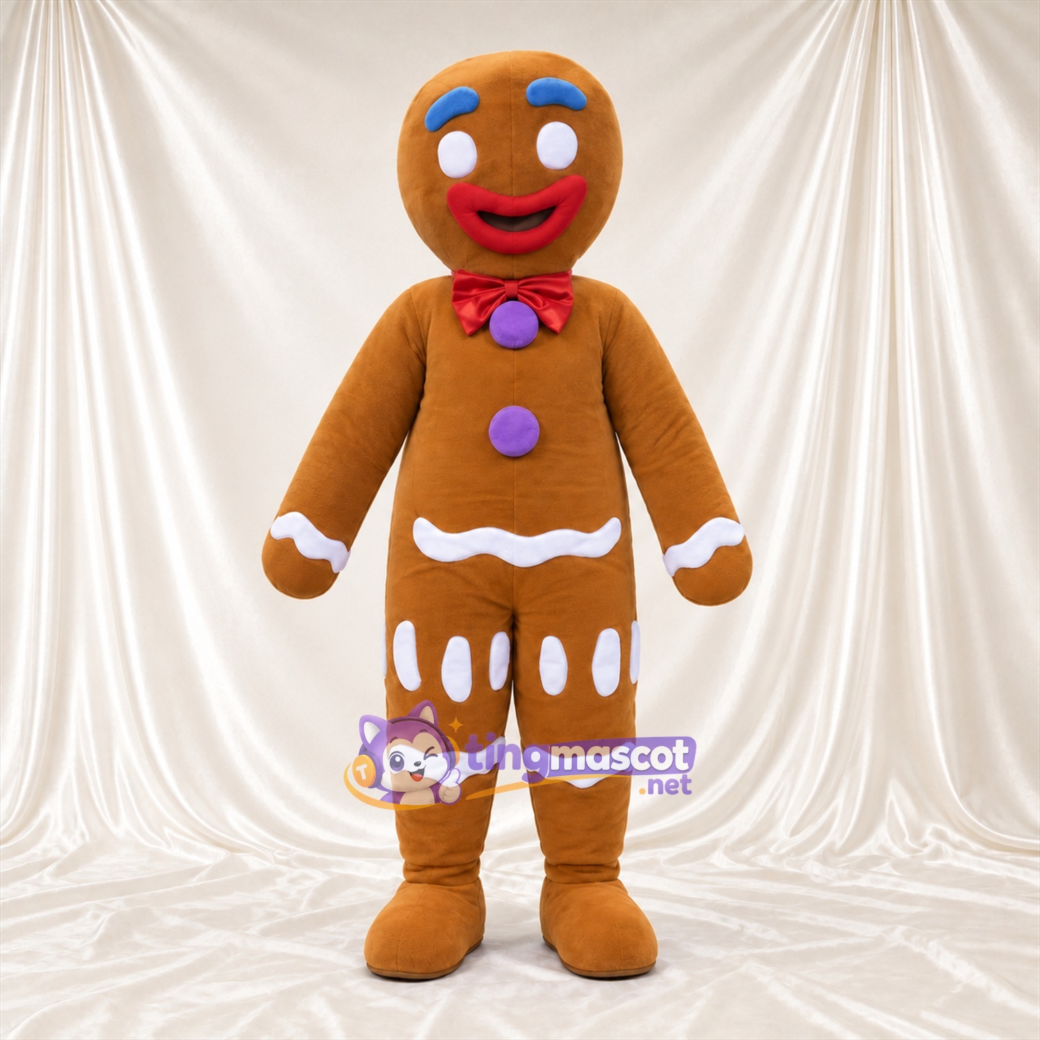 Brown Gingerbread Man Mascot Costume - Purple Buttons and Red Bow Brown Gingerbread Man Mascot Costume - Purple Buttons and Red Bow