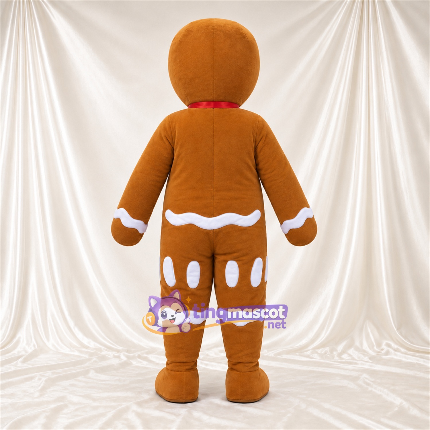 Brown Gingerbread Man Mascot Costume - Purple Buttons and Red Bow Brown Gingerbread Man Mascot Costume - Purple Buttons and Red Bow