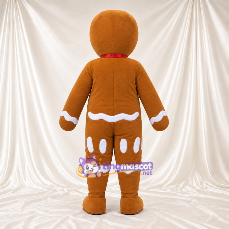 Brown Gingerbread Man Mascot Costume - Purple Buttons and Red Bow Brown Gingerbread Man Mascot Costume - Purple Buttons and Red Bow