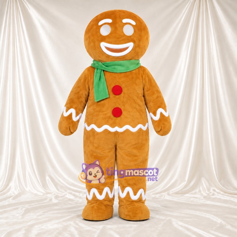 Costume de mascotte Bonhomme en pain d’épices – marron – Écharpe (vert); Boutons (rouge) Costume de mascotte Bonhomme en pain d’épices – marron – Écharpe (vert); Boutons (rouge)