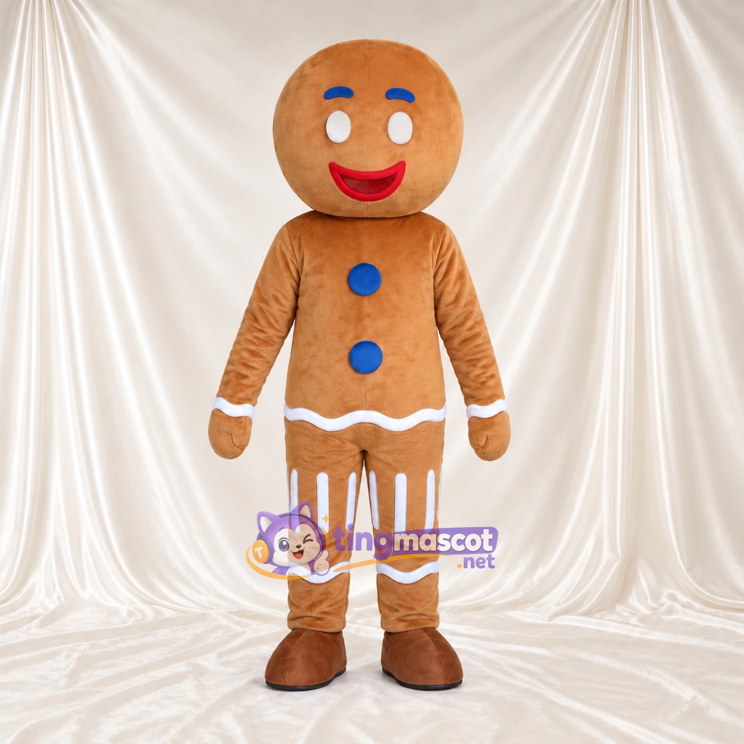Brown Gingerbread Man Mascot Costume - Blue Buttons and White Icing Trim Brown Gingerbread Man Mascot Costume - Blue Buttons and White Icing Trim