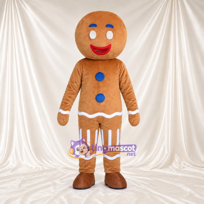 Brown Gingerbread Man Mascot Costume - Blue Buttons and White Icing Trim Brown Gingerbread Man Mascot Costume - Blue Buttons and White Icing Trim