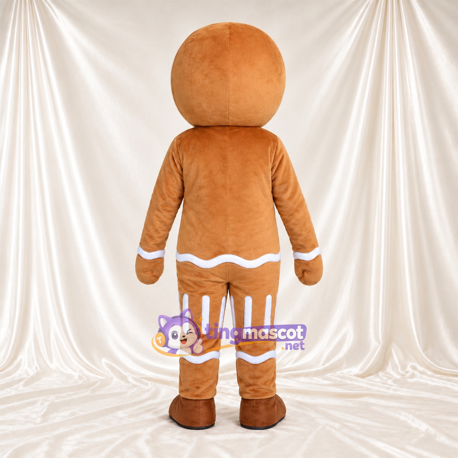 Brown Gingerbread Man Mascot Costume - Blue Buttons and White Icing Trim Brown Gingerbread Man Mascot Costume - Blue Buttons and White Icing Trim