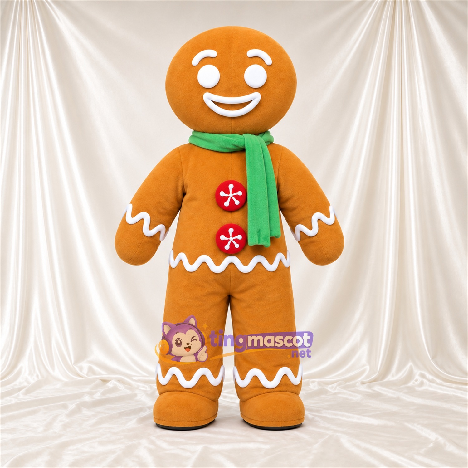Costume de mascotte Bonhomme en pain d’épices – marron – Écharpe (vert); Boutons Costume de mascotte Bonhomme en pain d’épices – marron – Écharpe (vert); Boutons