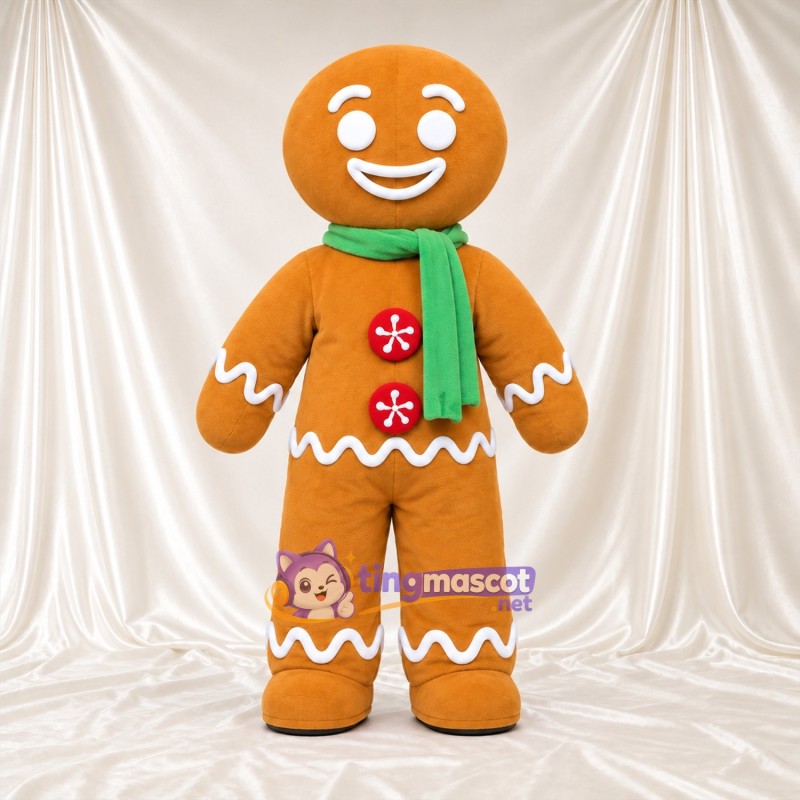 Costume de mascotte Bonhomme en pain d’épices – marron – Écharpe (vert); Boutons Costume de mascotte Bonhomme en pain d’épices – marron – Écharpe (vert); Boutons