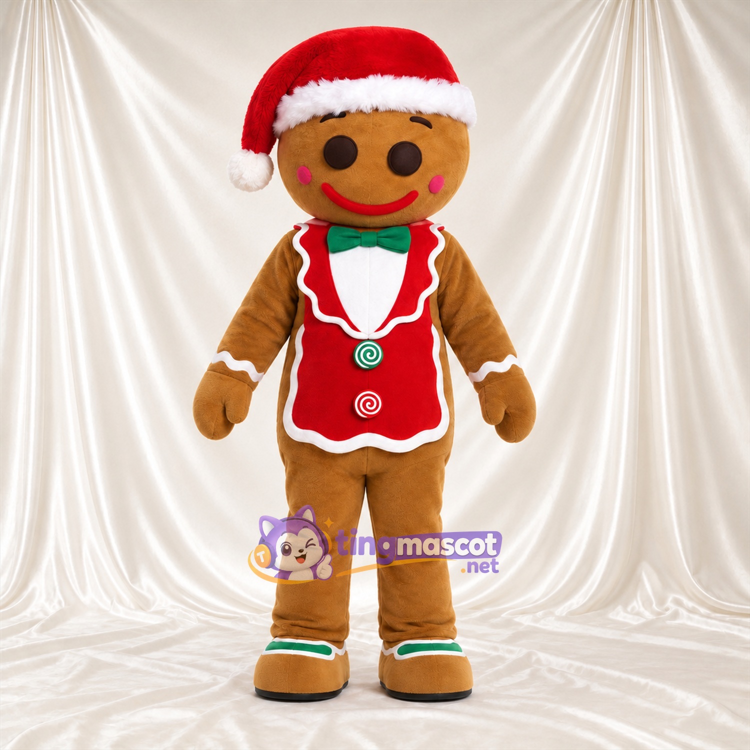 Costume de mascotte Bonhomme en pain d’épices – marron – Bonnet de Noël; Gilet (rouge) Costume de mascotte Bonhomme en pain d’épices – marron – Bonnet de Noël; Gilet (rouge)