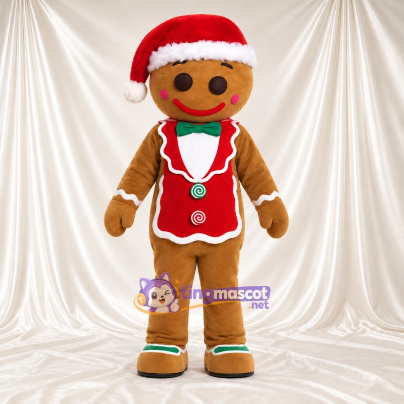 Costume de mascotte Bonhomme en pain d’épices – marron – Bonnet de Noël; Gilet (rouge) Costume de mascotte Bonhomme en pain d’épices – marron – Bonnet de Noël; Gilet (rouge)