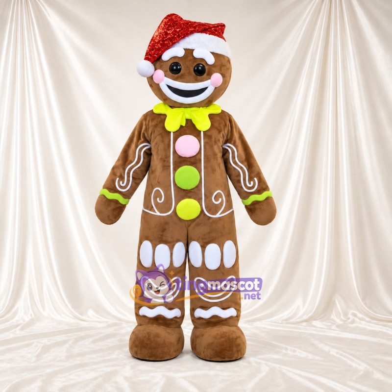 Costume de mascotte Bonhomme en pain d’épices – marron – Bonnet de Noël; Boutons Costume de mascotte Bonhomme en pain d’épices – marron – Bonnet de Noël; Boutons