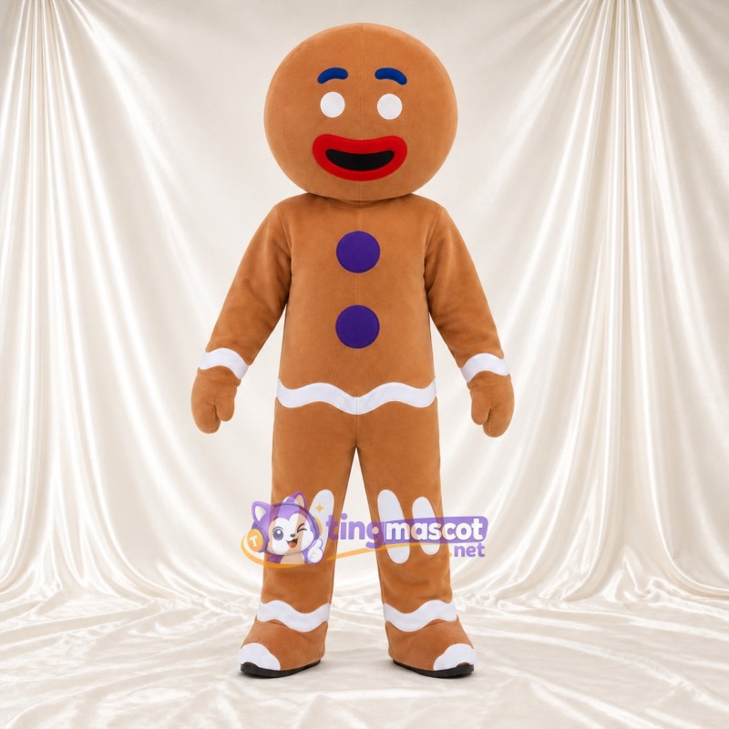 Costume de mascotte Bonhomme en pain d’épices – marron – Boutons (violet); Décor de glaçage (blanc) Costume de mascotte Bonhomme en pain d’épices – marron – Boutons (violet); Décor de glaçage (blanc)