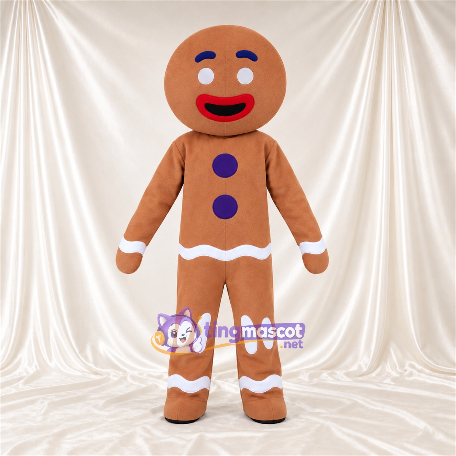 Brown Gingerbread Man Mascot Costume - Purple Buttons and White Icing Trim Brown Gingerbread Man Mascot Costume - Purple Buttons and White Icing Trim