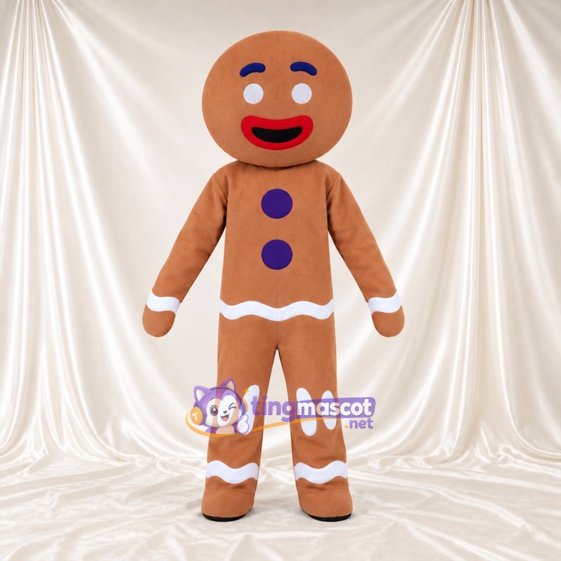Brown Gingerbread Man Mascot Costume - Purple Buttons and White Icing Trim Brown Gingerbread Man Mascot Costume - Purple Buttons and White Icing Trim