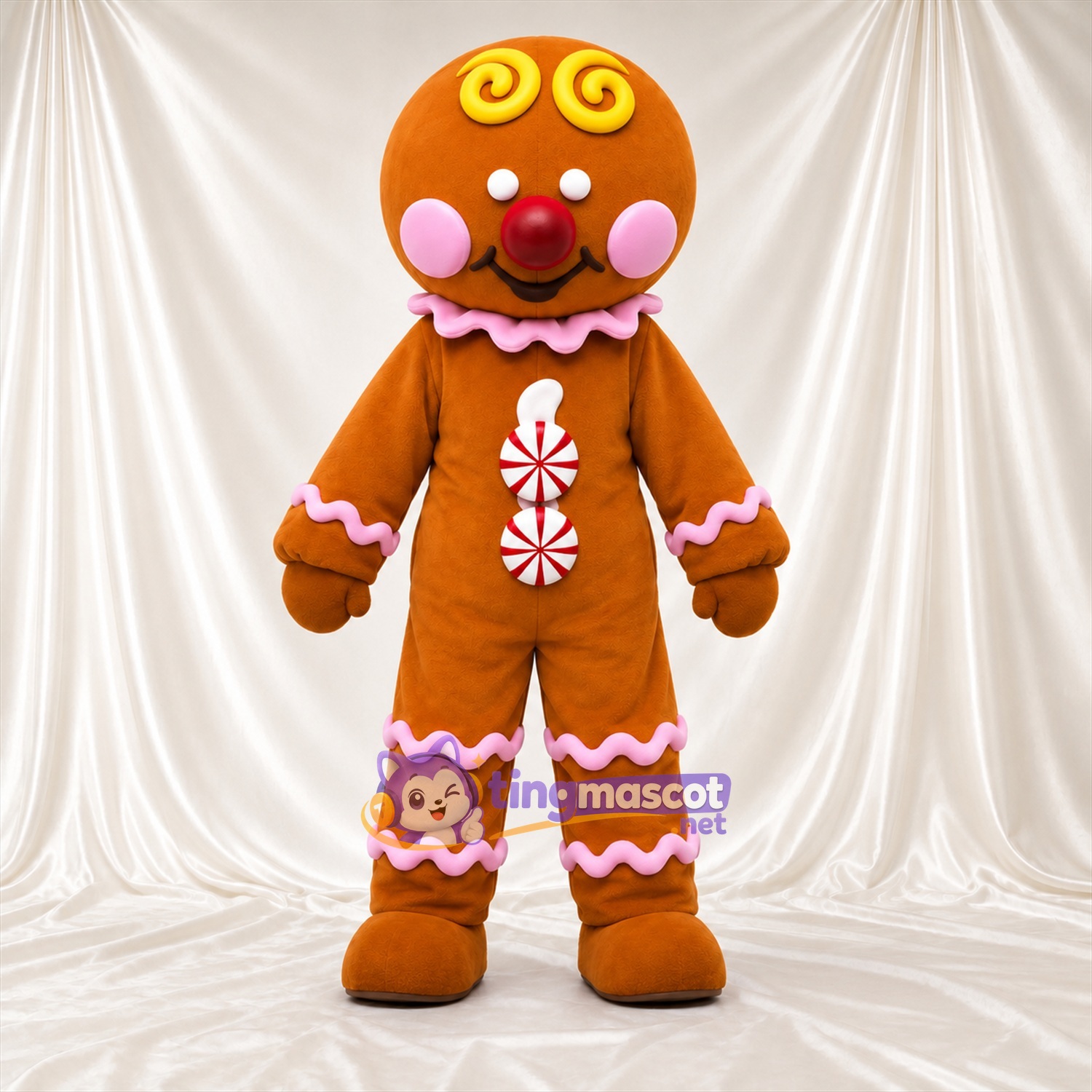 Brown Gingerbread Man Mascot Costume - Peppermint Candy Buttons and Pink Icing Trim Brown Gingerbread Man Mascot Costume - Peppermint Candy Buttons and Pink Icing Trim