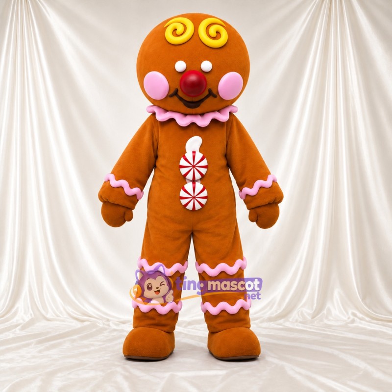 Brown Gingerbread Man Mascot Costume - Peppermint Candy Buttons and Pink Icing Trim Brown Gingerbread Man Mascot Costume - Peppermint Candy Buttons and Pink Icing Trim