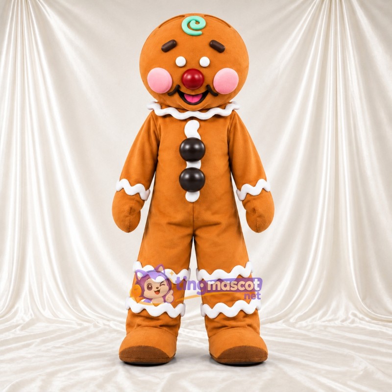Brown Gingerbread Man Mascot Costume - Black Buttons and Pink Cheeks Brown Gingerbread Man Mascot Costume - Black Buttons and Pink Cheeks