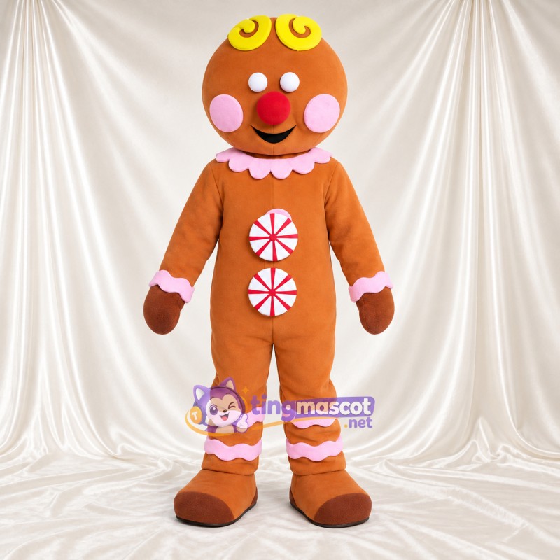 Brown Gingerbread Man Mascot Costume - Peppermint Candy Buttons and Yellow Forehead Swirls Brown Gingerbread Man Mascot Costume - Peppermint Candy Buttons and Yellow Forehead Swirls