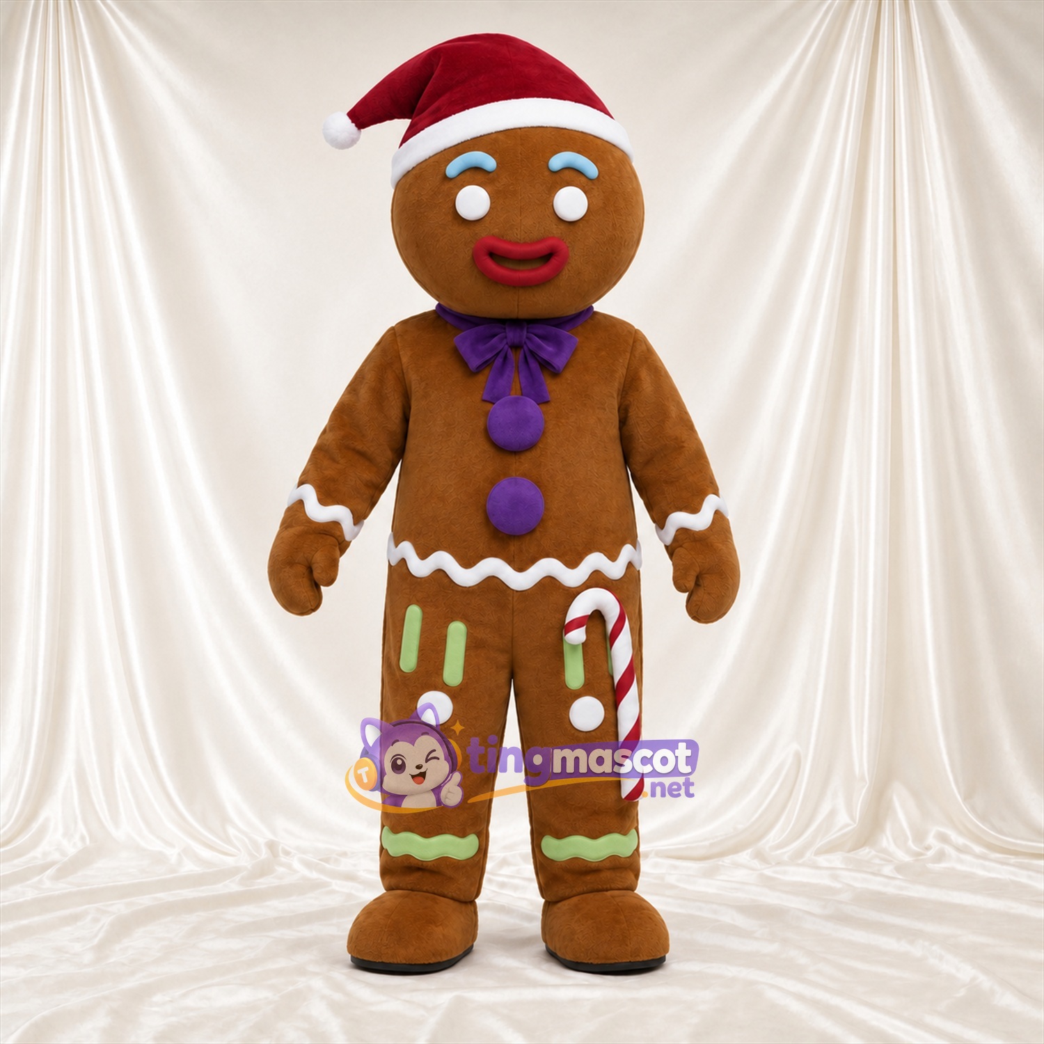 Costume de mascotte Bonhomme en pain d’épices – marron – Bonnet de Noël; Nœud (violet)