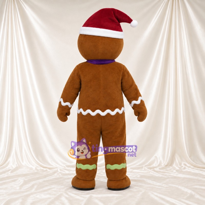 Costume de mascotte Bonhomme en pain d’épices – marron – Bonnet de Noël; Nœud (violet)