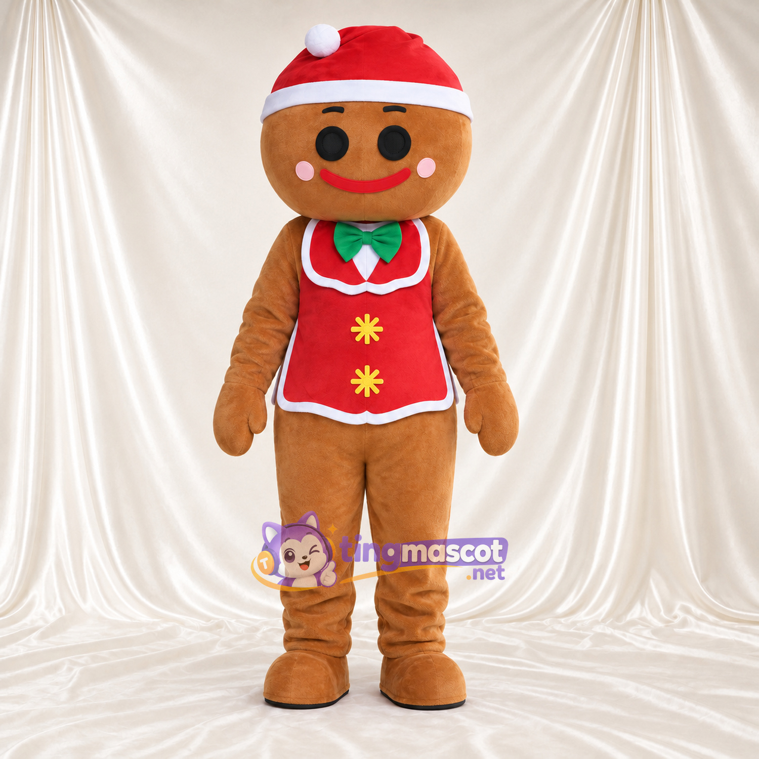 Costume de mascotte Bonhomme en pain d’épices – marron – Bonnet de Noël; Gilet (rouge) Costume de mascotte Bonhomme en pain d’épices – marron – Bonnet de Noël; Gilet (rouge)